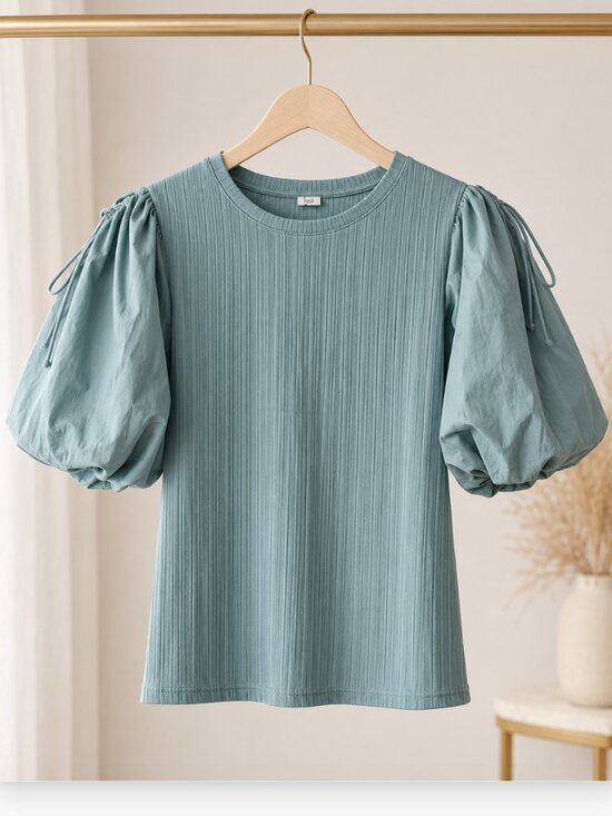 River Island Tops - River Island Teal Blue Balloon Sleeve Mixed-Fabric Top - Size 12 - NWT‎